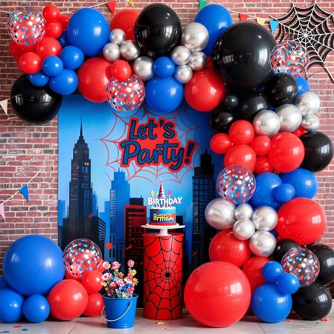 Black Red and Blue Balloon Arch Garland Kit, Metallic Silver Confetti | Red by Kalyerparty