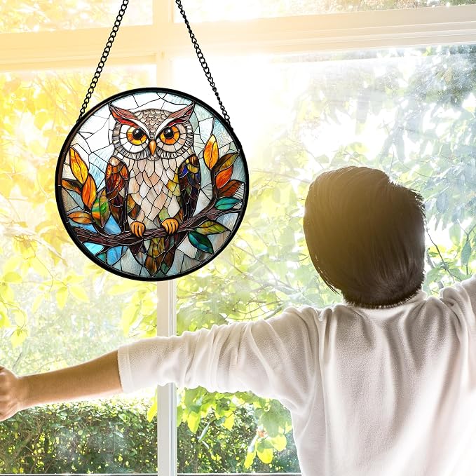 DASTOLL Stained Glass Window Hanging, Owl Colorful Leaves Birds Sun Catchers - Image 3