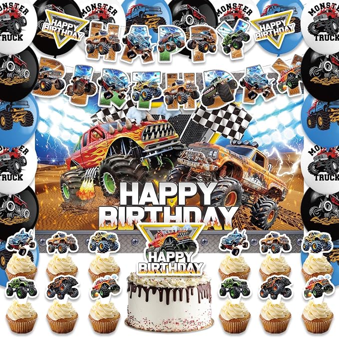 42Pack Monster truck Party decoration pack include Banner, Honeycomb by Frerand