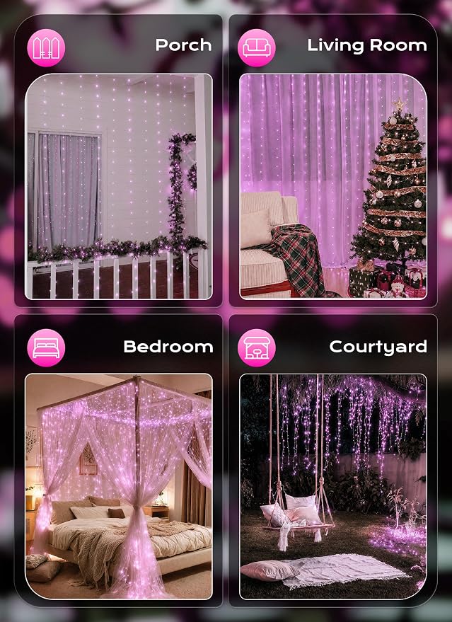 Brightown 300 LED Pink Fairy Curtain Lights, 9.8ft x 9.8ft String Lights | USB - Image 7