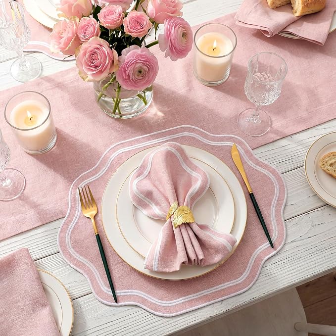 6 Pcs Pink Wedding Placemats Scalloped Embroidered Cotton Linen Placemats 17" x - Image 2