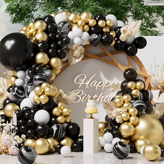 SUWEN 153Pcs Black and Gold Balloons Arch Kit 18 10 5 Inch Marble White | Black by SUWEN
