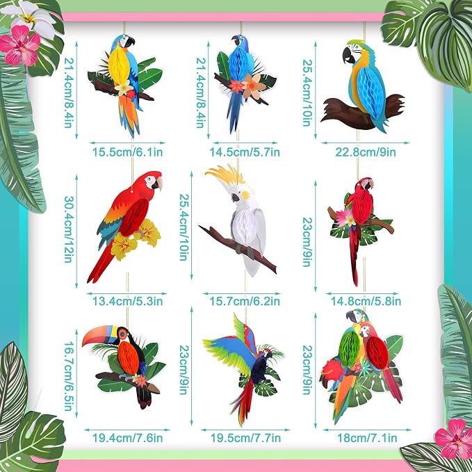 Summer 9 Pcs Tropical Birds Honeycomb Paper Cutouts Luau Parrot Party Decor | - Image 3