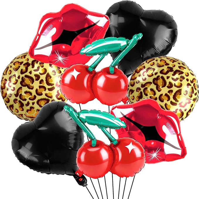 Cheetah Cherry Balloons 8pcs Red Lips Cherry and Black Heart Balloons Leopard by Lukinuo