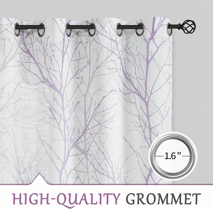 FMFUNCTEX Linen Lilac White Semi Sheer Print Curtains 72 Inch Long 2 Panels | - Image 6