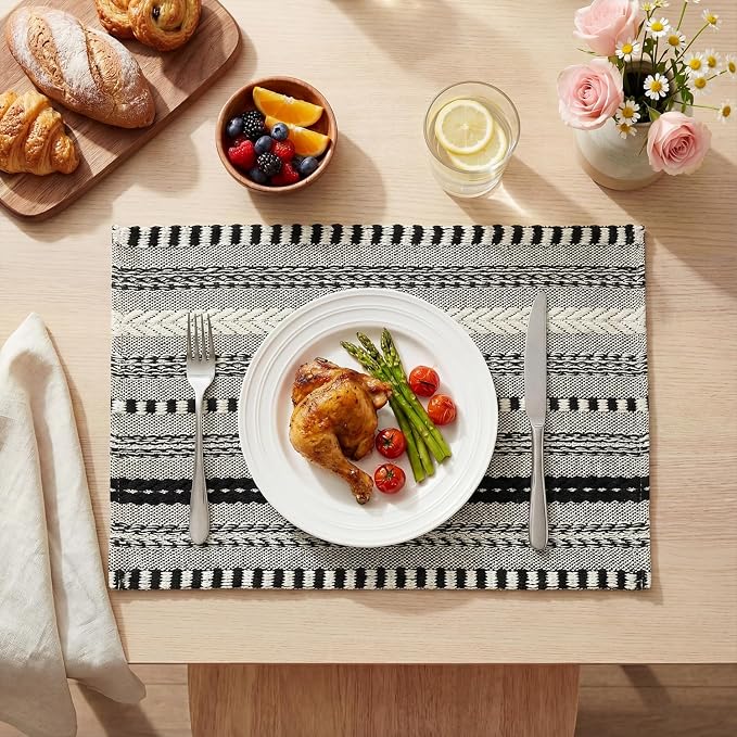 Artoid Mode Black Farmhouse Woven Braided Stripe Placemats Set of 4, 12x18 Inch - Image 2