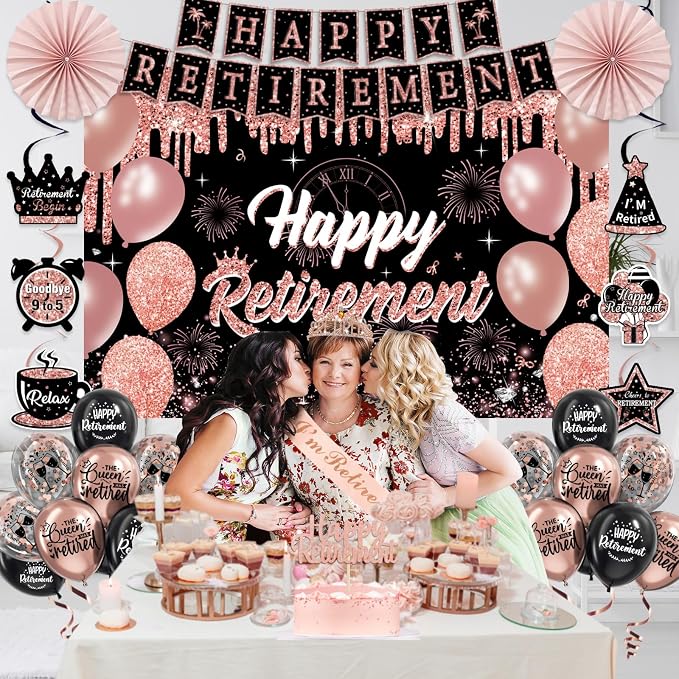 Retirement Party Decorations for Women, Pre-Assembled Rose Gold Black Set. | - Image 7