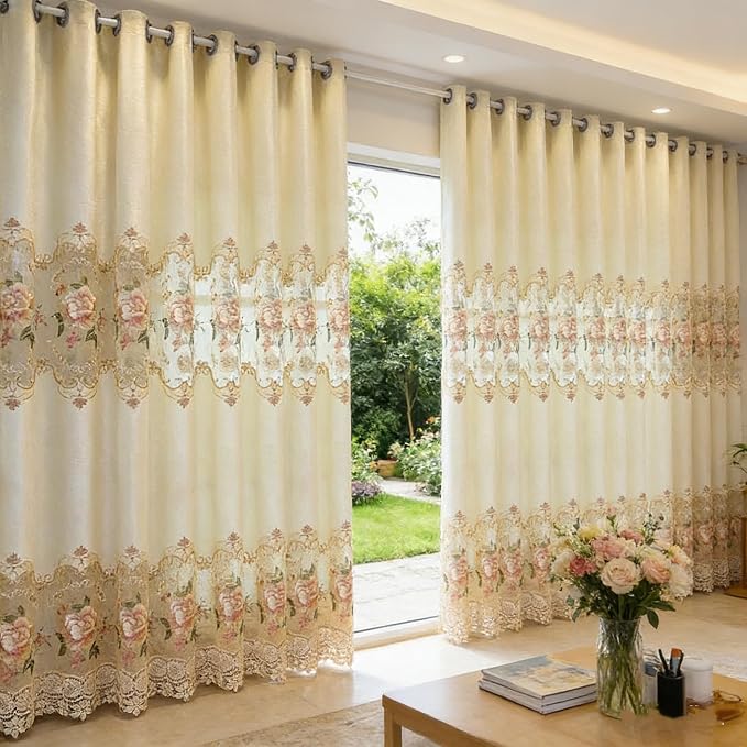 1pc Luxury Peony Embroidery Thermal Insulated Curtain Drape - Image 2