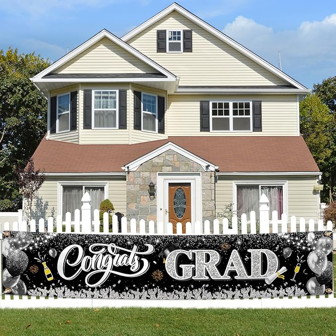 2026 Graduation Decorations-Black and Silver Congrats Grad Yard Sign Banner - Image 2