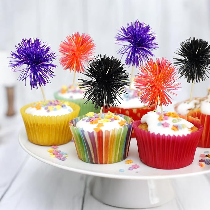 Gyufise 30Pcs Foil Firework Cupcake Toppers Sparkle Tinsel Cake Toppers Tinsel - Image 5