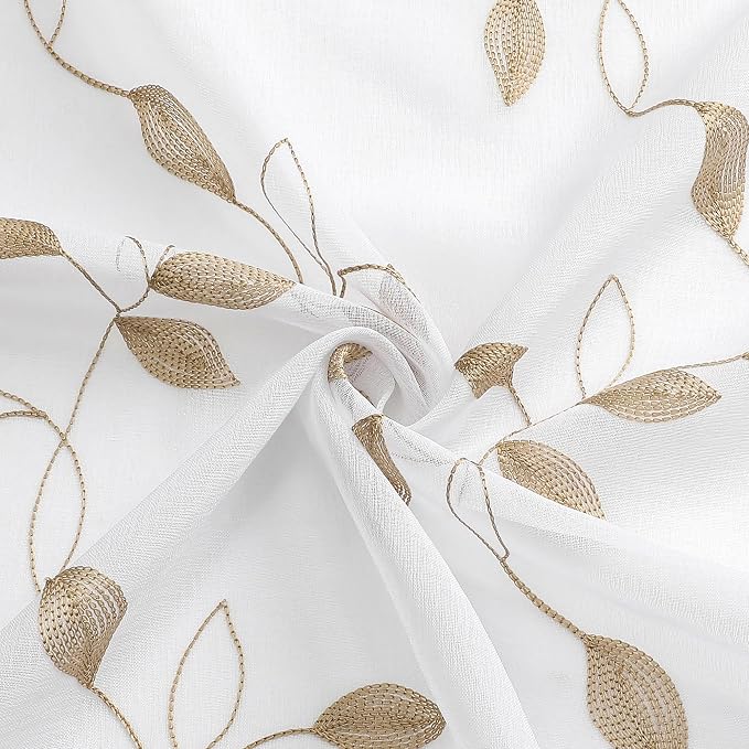 Tollpiz Taupe Leaf Sheer Curtains Bedroom 54 x 84 Inches | Leaves Embroidered - Image 9