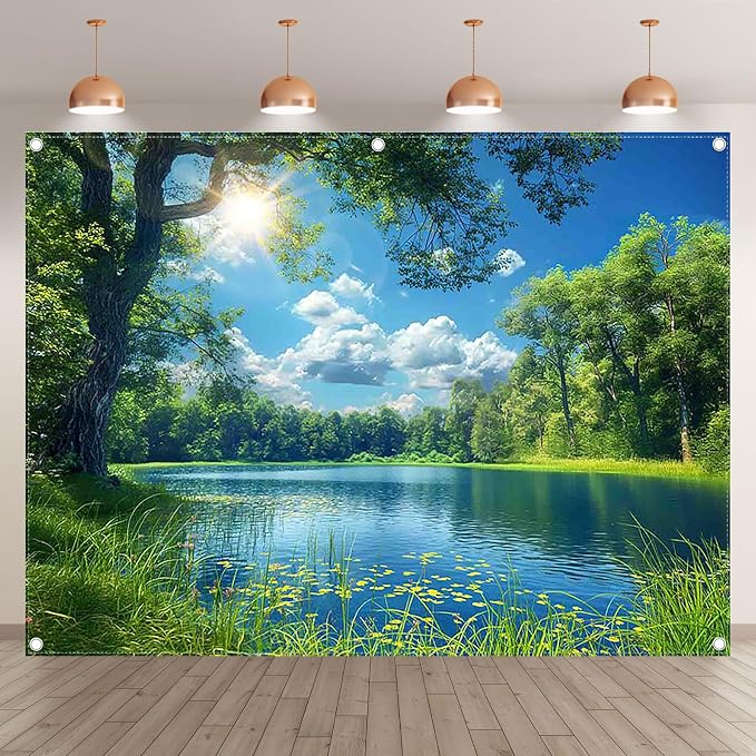 Fabric 8x6ft Lake Natural Scenery Backdrop River Camp Banner | Mountain Forest - Image 2