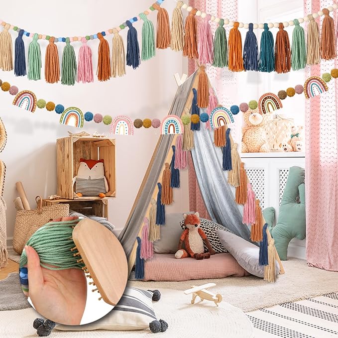 Janinka 4 Pcs Boho Tassel Garlands Rainbow Pom Pom Garland - Image 6