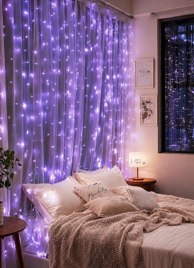 Brightown 300 LED Purple Fairy Curtain Lights, 9.8ft x 9.8ft String Lights | - Image 4