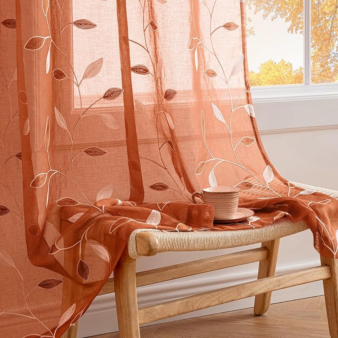 MIULEE Burnt Orange Sheer Curtains 2 Panels Embroidered Leaf Patterned Rod - Image 2