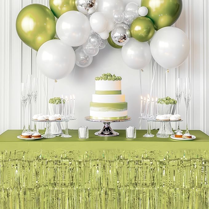 2 Pack Lime Green Table Skirts, 29x108" Metallic Foil Tinsel Fringe Table Skirt for Rectangle Tables Streamer Curtains Backdrop, Party Decorations for Birthdays, Weddings, Holidays