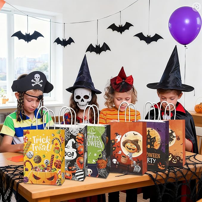 24 Pcs Halloween Paper Gift Bags, 6 Styles Halloween Goodie Bags with Handles, Halloweens Treat Bag Party Favors Bag Holiday Trick or Treat Party Supplies