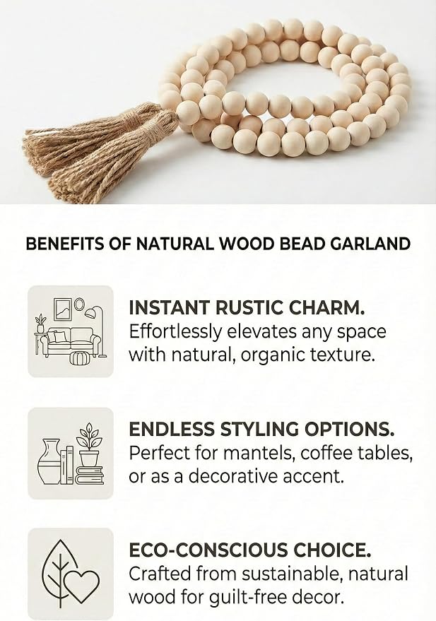 58" Decorative Beads Home Decor Wood Bead Garland | Boho Table Decor, - Image 7