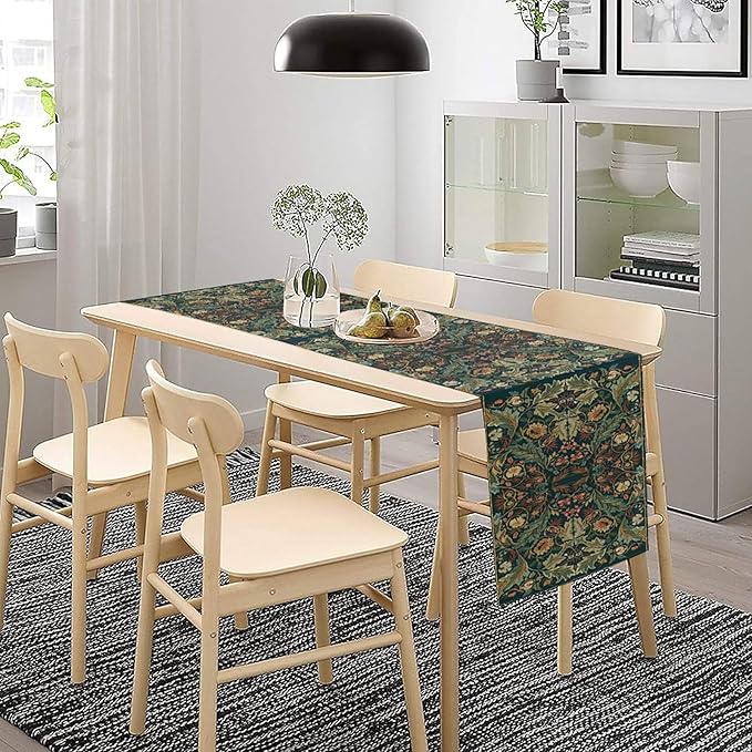 Green Morris Floral Table Runner, Boho Rustic Country Farmhouse Teal Red Rose Pattern for Home Kitchen Table Decor Dining Coffee Room Party Decor 13x120in