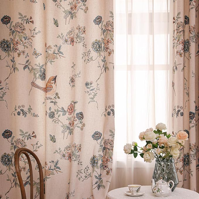 Designer French Linen Printed Curtains, 2 Panels, Bird and Flowers Pattern Draps - Image 2