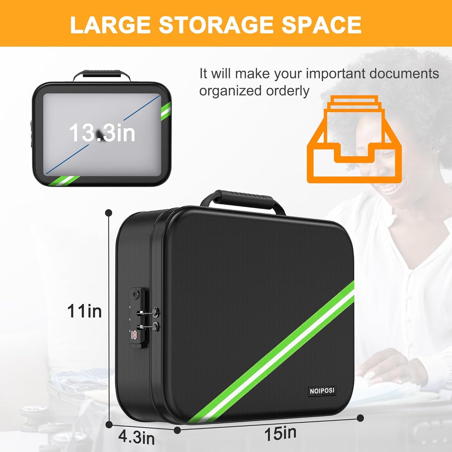 Noiposi Document Organizer with 5200℉ Heat Insulated,15.0"x11.0"x4.3" Water Resistant and Fireproof Document Box,Portable Home Travel Safe Storage Box for Important Documents,File