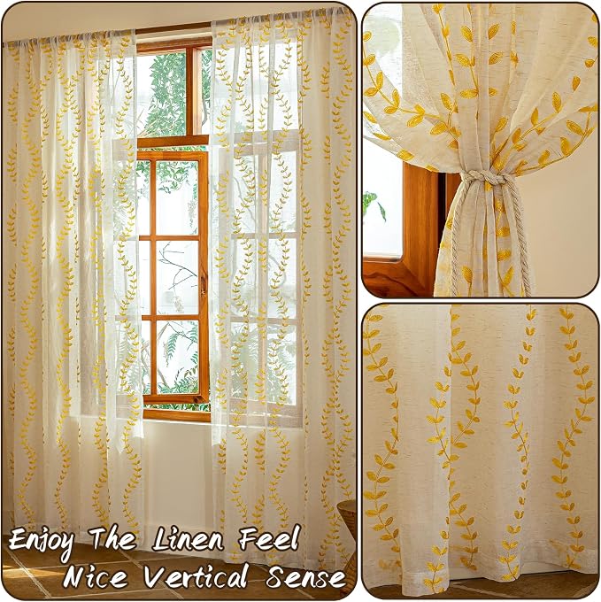 2 Panels Linen Leaf String Floral Embroidered Semi Sheer Curtain Farmhouse - Image 3