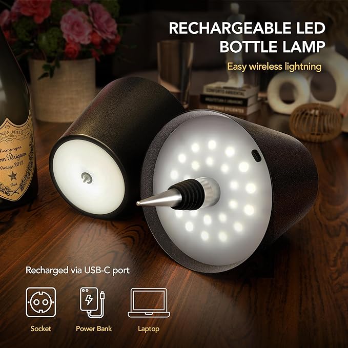 Wireless Bottle Lamp for Any Type of Bottle - LED Bottle Lamp for Indoor & Outdoor, 100% Waterproof, Adjustable Brightness and Light Temperature 3000-6000K, Wireless & Rechargeable (Rose Gold)