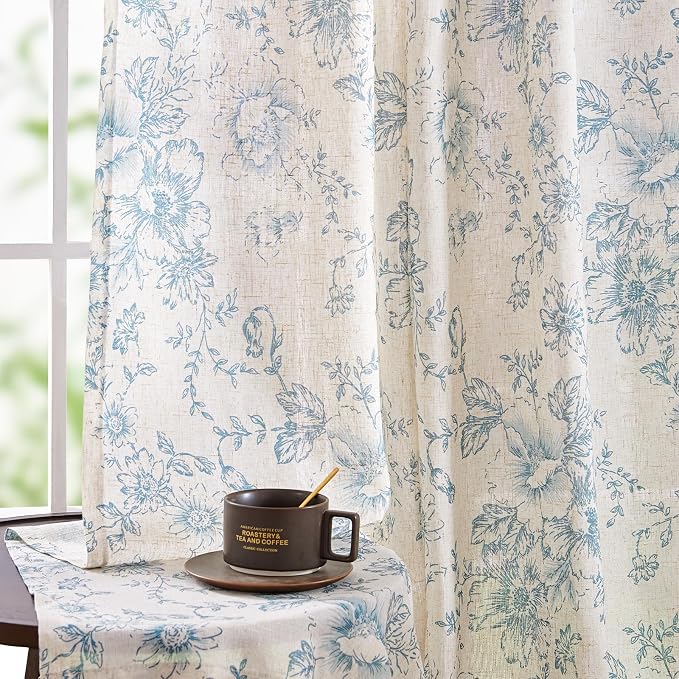 jinchan Blue Floral Linen Curtains 96 Inch Vintage Back Tab 2 Panels | Light - Image 6