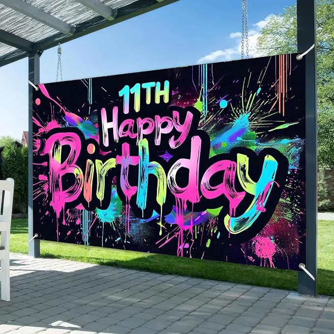 HOMETITUTE Graffiti 11th Happy Birthday Banner 71x43 Inch Neon Party | Glow in - Image 2