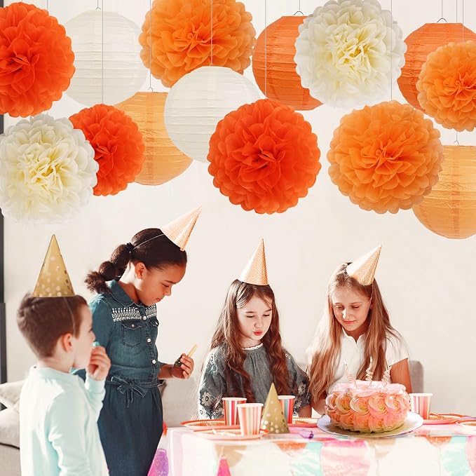 Orange Birthday Party Decorations Paper Lanterns and Pom Poms 15pcs Set | Baby - Image 2