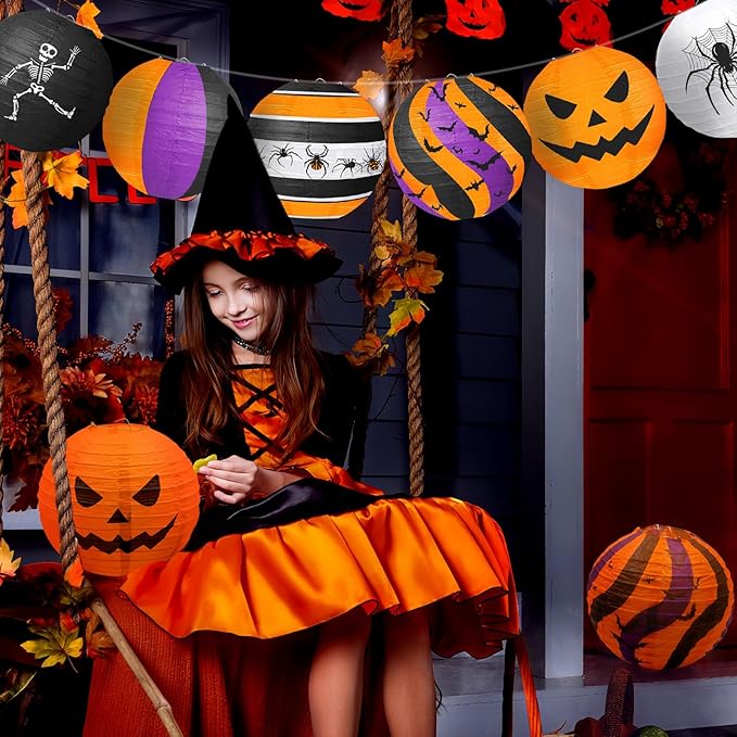 ADLKGG Halloween Party Decorations, Black Orange Purple Hanging Spider Bat Pumpkin Skeleton Paper Lantern for Halloween Birthday Decorations, Trick-or-Treating Events, Wedding,Garden Home Decor, 12pcs