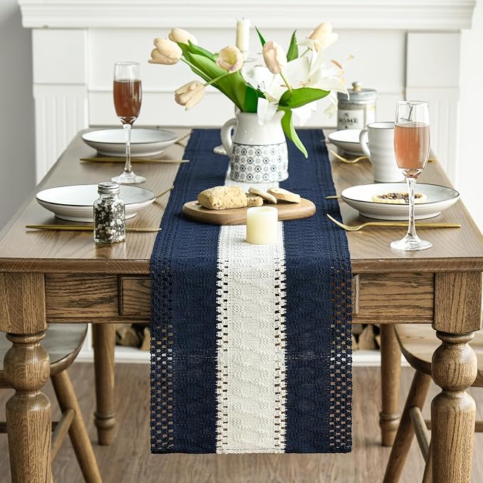 Artoid Mode Dark Blue Farmhouse Woven Table Runner 12x90 Inch | Seasonal - Image 2