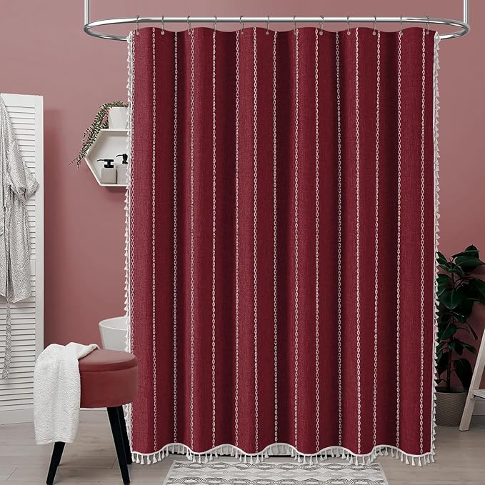 72x96 Extra Long Boho Linen Heavy Duty Shower Curtain Set, Burgundy | Extra - Image 6