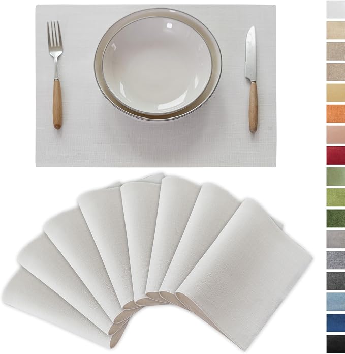 Demetex White Place Mats Set of 8 Washable Linen Placemats Heat Resistant by DEMETEX