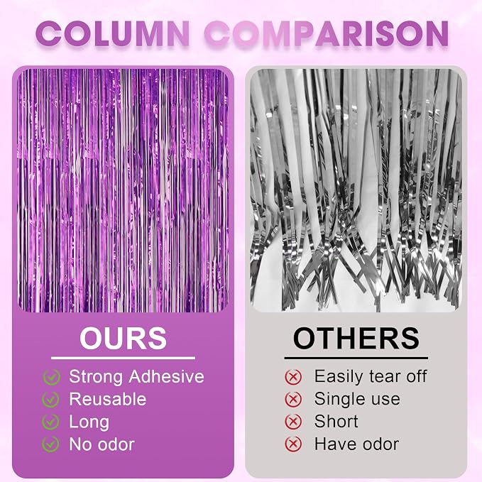 Voircoloria 3 Pack 3.3 x 8.2 ft Laser Purple Foil Fringe Backdrop Curtains - Image 6