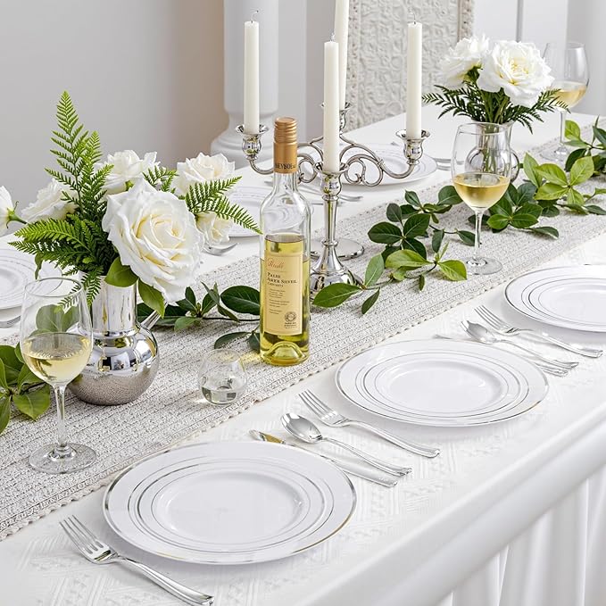 350Piece Silver Plastic Dinnerware Set for 50 Guests - Silver Plastic Plates with Cutlery Include:50Dinner Plates-50Dessert Plates-50Pre Rolled Napkins with Silverware for Christmas