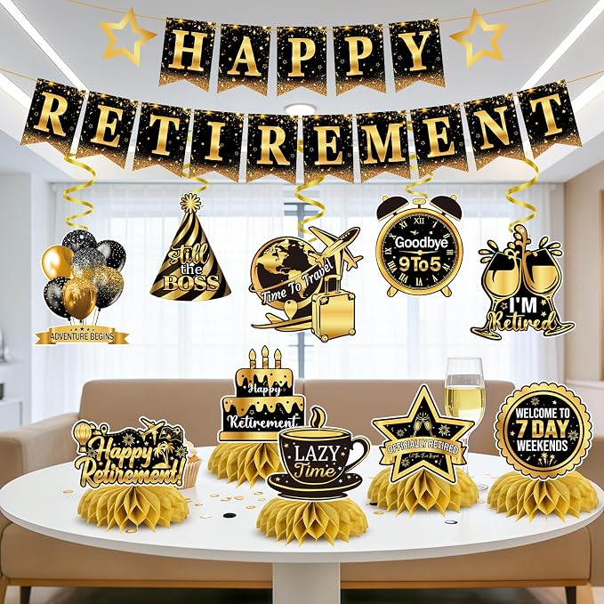 Retirement Party Decorations Set Black and Gold, Happy Retirement Banner - Image 2