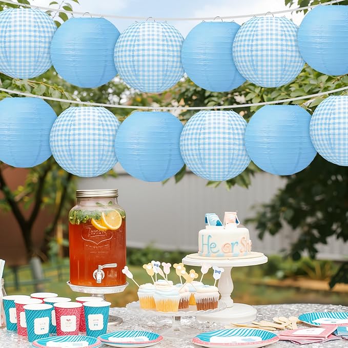 Honoson 12 Pcs Blue Gingham Paper Lanterns 10 Inch White and Blue Checkered - Image 6