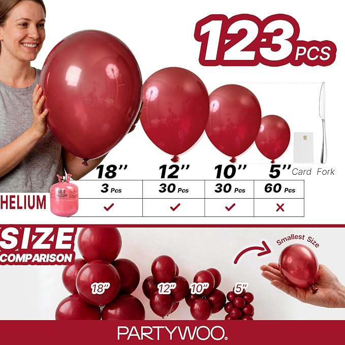 PartyWoo Burgundy Balloons 123pcs Dark Chestnut Red Maroon Color | 18 12 10 5 - Image 6