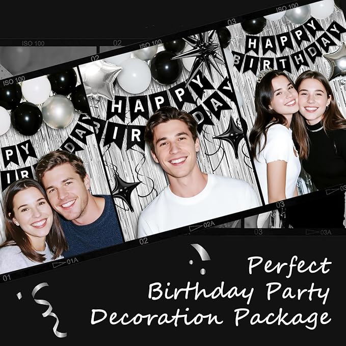 15th Birthday Decorations for Boys Girls, Black Silver Happy Birthday Party Decorations， 15 Year Old Party Supplies with Number 15 Balloons, Banner, Fringe Curtains Kit