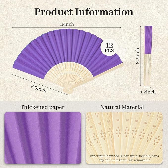 JOHOUSE 12 PCS Purple Paper Fans Handheld, 8.3 Inch Foldable Hand Fan | Purple - Image 7