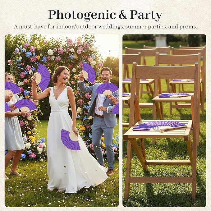 JOHOUSE 12 PCS Purple Paper Fans Handheld, 8.3 Inch Foldable Hand Fan | Purple - Image 2