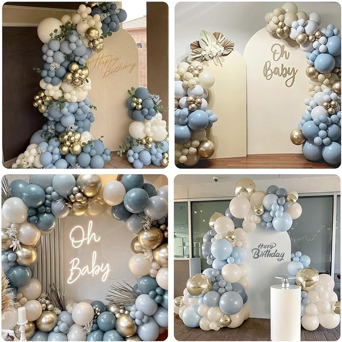 60pcs Dusty Blue Balloons with 12inch Sand White Metallic Gold Balloons | - Image 8