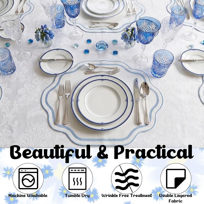 6Pcs Blue Cotton Wedding Placemats Scalloped Embroidered Placemats 17" x 13" - Image 6