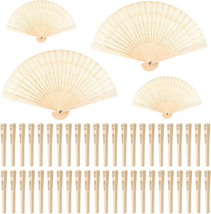 FEPITO 50 Pieces Wooden Handheld Paper Fan Wooden Folding Fans by FEPITO