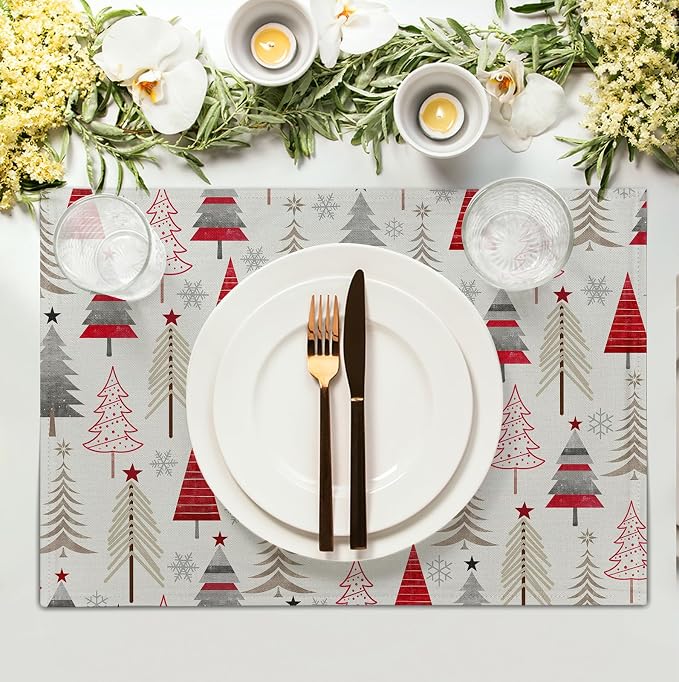 Christmas Tree Placemats Set of 4 Geometric Colorful Xmas Place Mats 12x18 Inch - Image 3