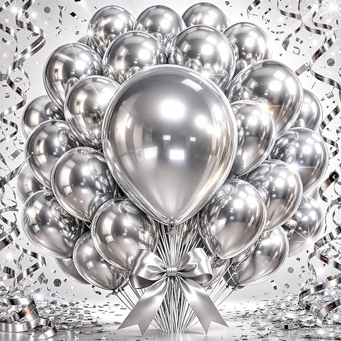 Chrome Silver Metallic Latex Balloons, 100 Pack 12 Inch Round Helium Silver by Tamodan+for+better