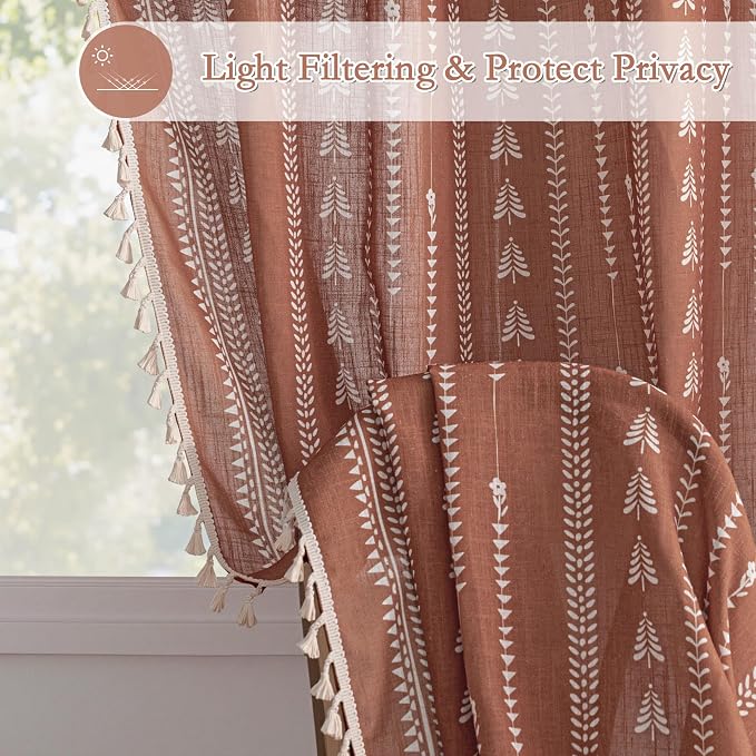Boho Curtains for Living Room, Terracotta Curtains 84 Inch Long Linen Blended - Image 3