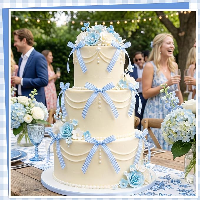 30 Pack Bow Cake Toppers Blue Gingham Ribbons Bows - Image 5