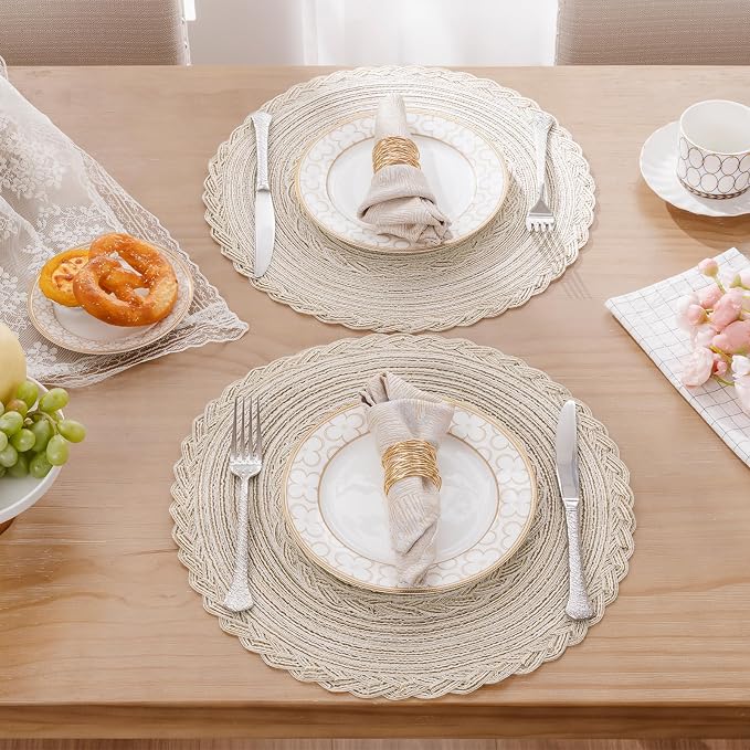 SHACOS Boho Round Placemats Set of 8 Braided Border Round Place Mats 15 inch - Image 7
